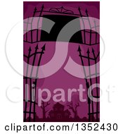 Wrought Iron Gate And Sign Framing A Haunted House Over Purple