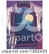 Poster, Art Print Of Window Looking Out At A Full Moon With Covwebs And A Candleabra