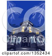Poster, Art Print Of Low Angle View Of A Haunted House And Lightning