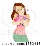 Poster, Art Print Of Brunette Caucasian Teenage Girl Hugging Books