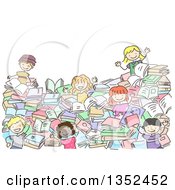 Poster, Art Print Of Doodled Group Of Kids In A Pile Of Books