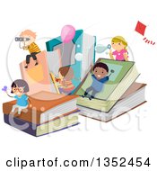 Poster, Art Print Of Group Of Children Playing On Giant Books