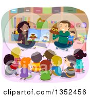 Poster, Art Print Of Teachers Reading A Book With Puppets And Students Listening