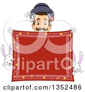 Male Magician Smiling Over A Red Handkerchief With Rabbits