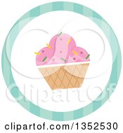 Clipart Of A Round Ice Cream Sundae And Stripe Icon Button Royalty Free Vector Illustration