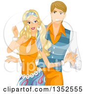 Poster, Art Print Of Happy Blond Caucasian Couple Wearing Seventies Style Costumes And Dancing