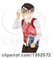 Poster, Art Print Of Brunette Caucasian Male High School Student Touching His Glasses