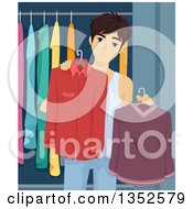 Poster, Art Print Of Brunette Caucasian Male High School Student Trying To Decide What To Wear