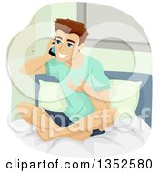 Poster, Art Print Of Brunette Caucasian Teenage Guy Talking On A Cell Phone On His Bed