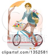 Poster, Art Print Of Brunette Caucasian Male High School Student Riding A Bike With Flowers