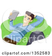 Poster, Art Print Of Brunette Caucasian Male High School Student Wearing Headphones And Using A Laptop Outdoors