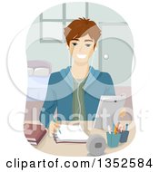 Poster, Art Print Of Brunette Caucasian Male High School Student Studying With A Tablet