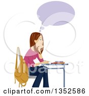 Poster, Art Print Of Brunette Caucasian Teenage Girl Thinking And Smiling At Her Desk