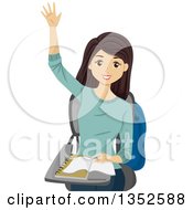 Clipart Of A Brunette Caucasian Teenage Girl Raising Her Hand At Her Desk Royalty Free Vector Illustration