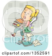Poster, Art Print Of Cartoon Blond Caucasian Teenage Girl Struggling With Books