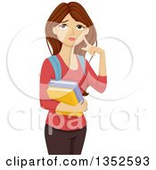 Clipart Of A Brunette Caucasian Teenage Girl Thinking Royalty Free Vector Illustration