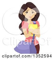 Poster, Art Print Of Brunette Caucasian Teenage Girl Worring And Hugging A Notebook