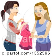 Poster, Art Print Of Brunette Caucasian Teenage Girl Loaning A Dress To Her Friend