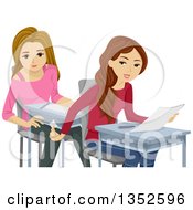 Poster, Art Print Of Caucasian Teenage Girls Cheating On A Test