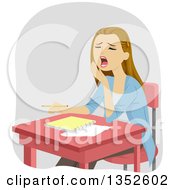 Poster, Art Print Of Dirty Blond Caucasian Teenage Girl Yawning At Her Desk