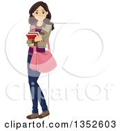 Poster, Art Print Of Brunette Caucasian Teenage Girl Holding Books And Leaning Against A Sign