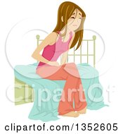 Poster, Art Print Of Brunette Caucasian Teenage Girl Struggling With Painful Menstrual Cramps
