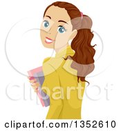 Poster, Art Print Of Brunette Caucasian Teenage Girl Carrying Books And Smiling Over Her Shoulder