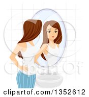 Poster, Art Print Of Brunette Caucasian Teenage Girl Disappointed In Her Figure While Looking In A Mirror