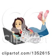 Poster, Art Print Of Happy Brunette Caucasian Teenage Girl Laying On The Floor With Her Cat And Surfing The Internet On A Laptop Computer
