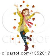 Clipart Of A Happy Brunette Teen Girl Cheering In Autumn Leaves Royalty Free Vector Illustration by BNP Design Studio