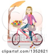 Poster, Art Print Of Happy Caucasian Teenage Girl Riding A Bike With A Basket Of Flowers