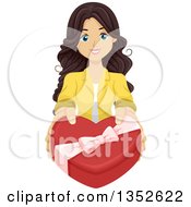 Clipart Of A Sweet Brunette Caucasian Woman Holding Out A Valentines Day Box Of Chocolates Royalty Free Vector Illustration