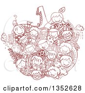 Poster, Art Print Of Sketched Apple Formed Of Children And School Items