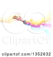 Clipart Of A Female Hand Holding A Makeup Brush With Colorful Waves Stars And Flares On White Royalty Free Vector Illustration