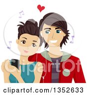 Poster, Art Print Of Brunette Caucasian Teenage Couple Sharing Earphones And Listening To Music On A Smart Phone