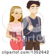 Clipart Of A Happy Caucasian Teenage High School Couple Walking Royalty Free Vector Illustration