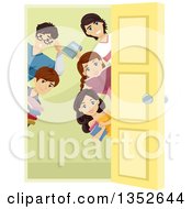 Clipart Of A Group Of Happy High School Students Welcoming At A Door Royalty Free Vector Illustration