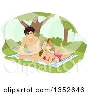 Clipart Of A Happy Teenage Couple Sun Bathing On A Blanket Royalty Free Vector Illustration