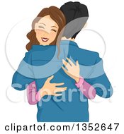 Poster, Art Print Of Happy Brunette Caucasian Woman Hugging Her Boyfriend Or Husband