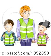 Poster, Art Print Of Female Crosswalk Guard Holding Hands With Students