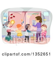 Clipart Of A Teacher And Students Decorating A Bulletin Board Royalty Free Vector Illustration