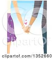 Poster, Art Print Of View Of A Couple Holding Hands With Hearts Over Blue