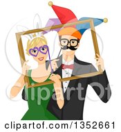 Clipart Of A Happy Goofy Caucasian Couple Posing With Photo Booth Props In A Frame Royalty Free Vector Illustration by BNP Design Studio