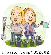 Poster, Art Print Of Cartoon Happy Caucasian Couple Holding A Shovel And Watering Can Over Potted Seedling Plants