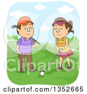 Poster, Art Print Of Cartoon Brunette Caucasian Man Teaching His Wife How To Golf