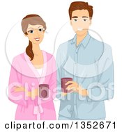 Happy Brunette Caucasian Couple In Robes Holding Coffee Mugs