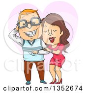 Poster, Art Print Of Cartoon Sexy Brunette Caucasian Woman Attracted To A Geeky Man With Braces And Glasses