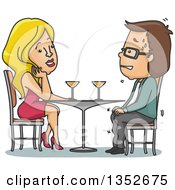 Poster, Art Print Of Cartoon Sexy Blond Caucasian Woman Attracted To A Nervous Sweating Man On A Date