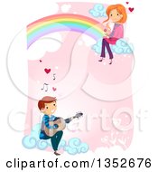 Poster, Art Print Of Young Man Playing A Guitar For A Girl Sitting On A Rainbow Over Pink