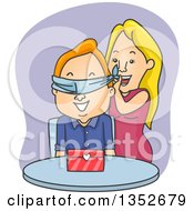 Clipart Of A Cartoon Valentine Couple The Woman Surprising The Man With A Gift Royalty Free Vector Illustration